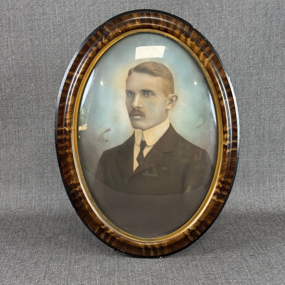 Antique Oval Portrait Convex Bubble Glass Tiger Stripe Wood Frame Vintage